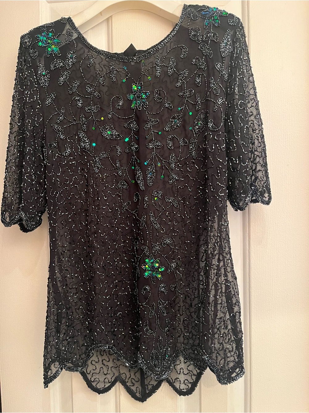 Embellished Black Short-Sleeve Beaded Blouse with Green Accents